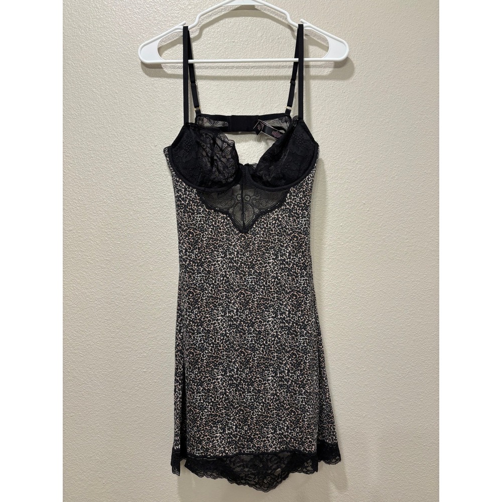 Victoria's Secret Leopard Print Lace Trim Underwire Slip Dress Black Y2K Large